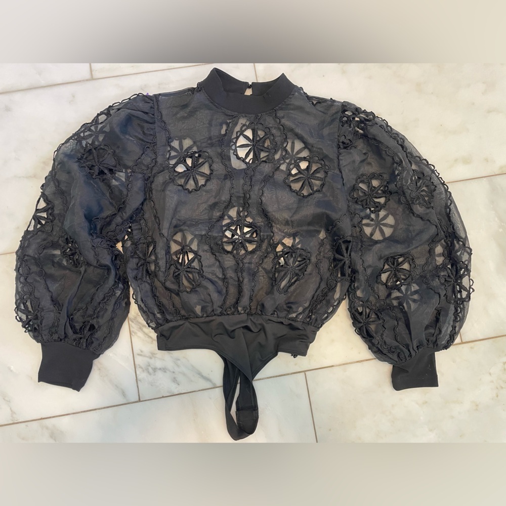 Valentine, medium, black cut out sheer bodysuit with balloon sleeves good shape